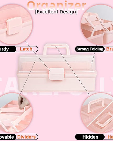 12.5in 3-Layer Multipurpose Craft Organizers and Storage with Adjustable Dividers, Portable Tackle Box, Folding Art & Craft Case for Medicine, Tool, Sewing Organizer (Pink)