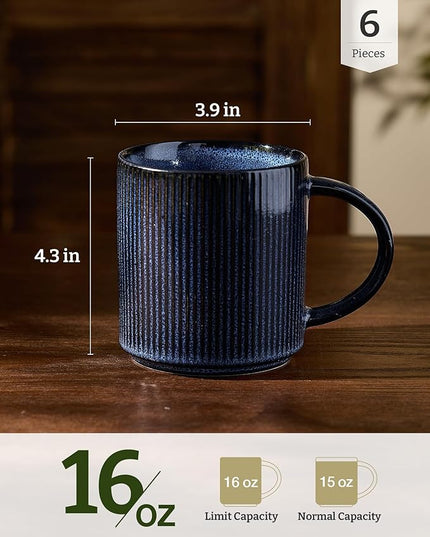 famiware Coffee Mug Set for 6, Star 16 oz Catering Mugs Cup Set with Handle for Coffee, Tea, Cocoa, Milk - Ceramic Stoneware Drinkware Set, Nebulas Blue