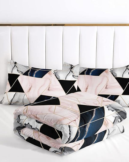 AILONEN Geometric Bedding Set Queen Size Comforter Set for Boys Girls, Pink Blue Grey Smoky Metallic Marble Gold Border Art Print Quilt Set Soft Breathable 3 Pieces,1 Comforter and 2 Pillowcases