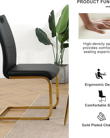 5 Piece Glass Dining Table Set, Glass Kitchen Dining Room Table Set for 4, 61" Modern Rectangular Gold Glass Metal Dining Table with 4 Black PU Leather Dining Chairs for Kitchen Dining Room