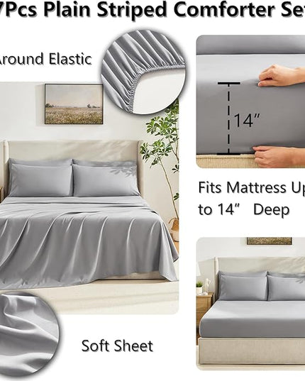 CozyLux King Size Comforter Set Grey, 7 Pieces Bed in a Bag, Gray Comforter King Size, All Season Bedding Sets with Stitch Quilted Comforter, Flat Sheet, Fitted Sheet, Pillowcases
