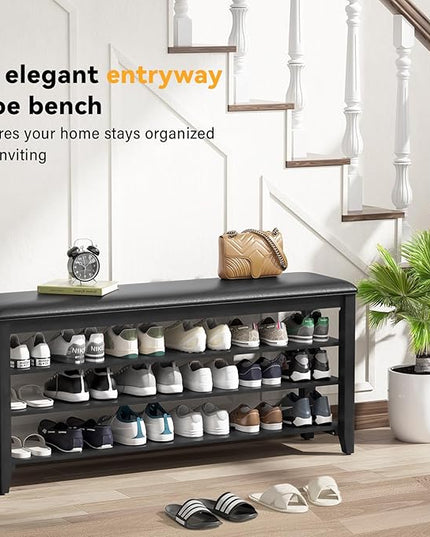 Shoe Bench Storage Rubberwood with Leather Cushion for Entryway Bench Ideal for Hallways Shoe Rack Front Doors Entrances Mudrooms Featuring 3 Height-Adjustable and Removable Shelves
