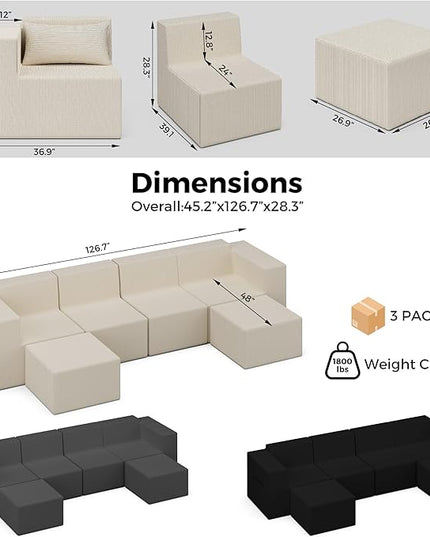 Minimalist Modular Corduroy Cloud Couch Sectional – Oversized Boneless Memory Foam Sofa for Living Room, Modern Comfy Couch, No Assembly Needed（130" U Shaped Boneless Sofa 4-Seater + 2*Ottoman,Beige）