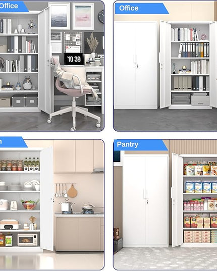 Metal Garage Storage Cabinet with Lock, 72" Tall Steel Storage Locker with 4 Adjustable Shelves, Heavy Duty Metal Cabinet for Garage, Office, Home, White