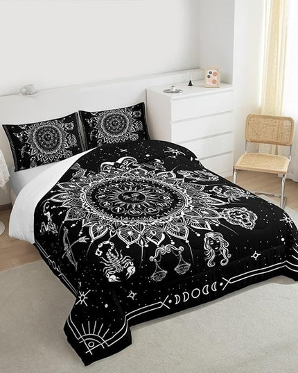 Sun and Moon Kids Comforter Set King Size,Starry Sky Galaxy Planet Trippy Bedding Set,Boys Girls Adults Room Decor,12 Constellation Datura Boho Down Comforter,Black White Duvet Insert,2 Pillowcases