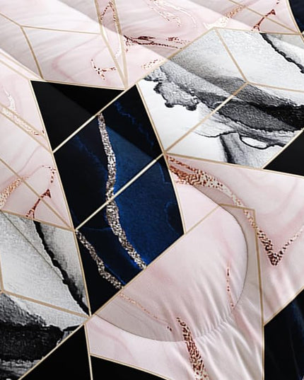 AILONEN Geometric Bedding Set Queen Size Comforter Set for Boys Girls, Pink Blue Grey Smoky Metallic Marble Gold Border Art Print Quilt Set Soft Breathable 3 Pieces,1 Comforter and 2 Pillowcases