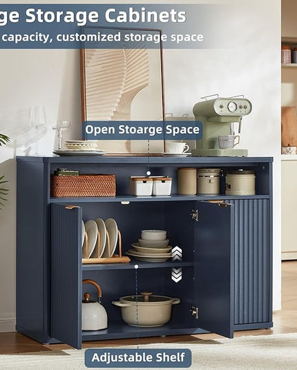 LEYAOYAO Fluted Buffet Cabinet with Storage, 45" Wide Wood Sideboard Credenza with 3 Doors & Open Storage Shelf, Modern Kitchen Console Accent Cabinets, Coffee Bar Table for Dining Room, Dark Blue