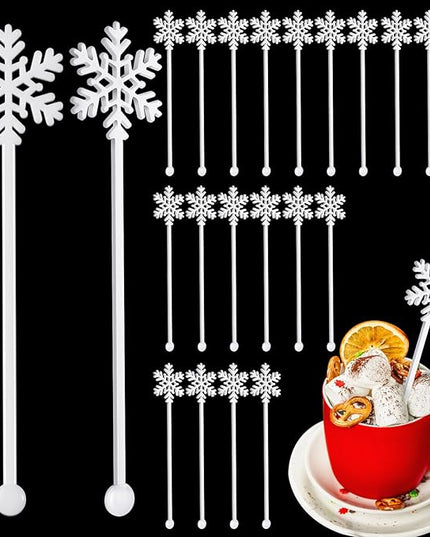 30 Pcs Christmas Drink Stirrers Xmas Stir Stick Holiday Coffee Swizzle Stick Reusable Plastic Hot Cocoa Bar Chocolate Decoration Cocktail Mixer(Snowflake,White)