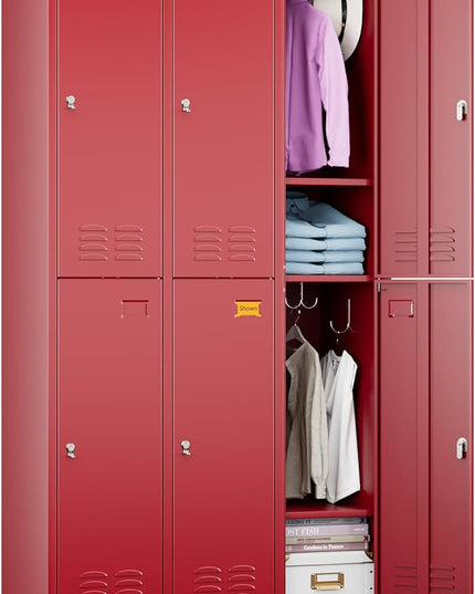 Aobabo Metal Locker for Employees, 6 Doors Metal Locker Cabinet with Lock, Industrial Storage with 18 Hooks, Storage for Home, Office, Gym, Assembly Required, Red