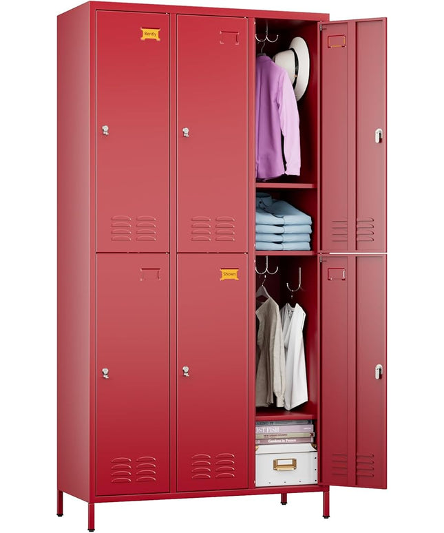 Aobabo Metal Locker for Employees, 6 Doors Metal Locker Cabinet with Lock, Industrial Storage with 18 Hooks, Storage for Home, Office, Gym, Assembly Required, Red