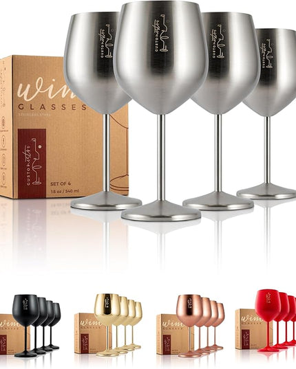 Gusto Nostro Stainless Steel Wine Glass - 18 oz - Cute, Unbreakable Wine Glasses for Travel, Camping and Pool - Fancy, Unique and Cool Portable Metal Wine Glass for Outdoor Events, Picnics (Set of 4)