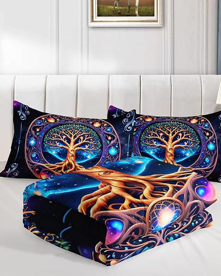 Tree of Life Bedding Queen Comforter Set,Mystic Planet Starry Sky Printed Bedding Comforter Sets for Kids Boys Girls Room Decor,Bohemian Bedding Puffy Comforter Sets 2 Pillowcases.