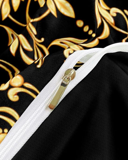 Golden Scrolls Print Duvet Cover and Pillow Shams Gold Leaves Deco for Girls and Boys Bedding Set Full Size Black Color Bed Sets