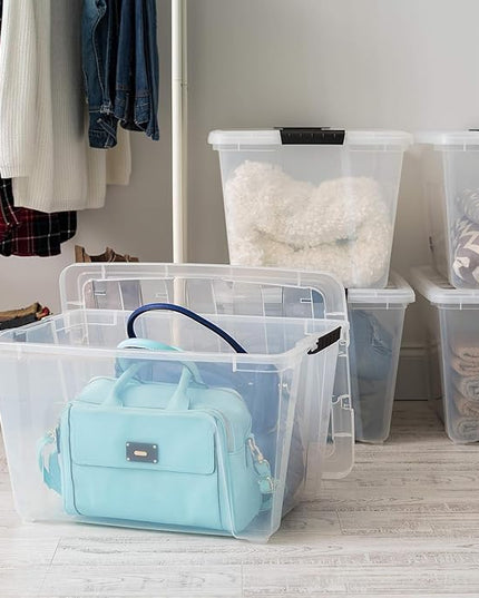 IRIS USA 54 Qt Stackable Plastic Storage Bins with Lids, 6 Pack - BPA-Free, Made in USA - See-Through Organizing Solution, Latches, Durable Nestable Containers, Secure Pull Handle - Clear