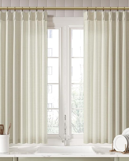 Pleated Memory Shaped Natural Linen Curtains Short, Pinch Pleat Light Filtering 45 inch Curtain with Hooks Privacy for Kitchen Cafe Small Window Back Tab Drape Home Decor 3-3/4FT Panels x 2