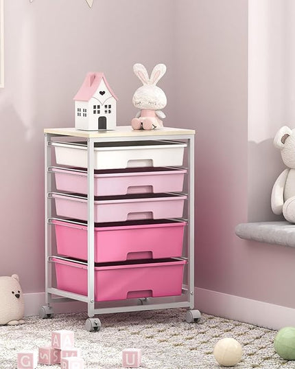 Utility Cart with 5 Drawers,Storage Drawer Cart with Wooden Tabletop and Lockable Wheels,Craft Storage Trolley Cart,5-Tier Rolling Utility Cart on Wheels,Rose Pink