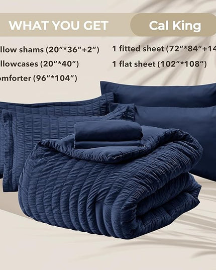 HYMOKEGE Navy Blue California King Comforter Set Seersucker 7 Pieces, All Season Luxury Bed in a Bag for Bedroom, Bedding Set with Comforters, Sheets, Pillowcases & Shams