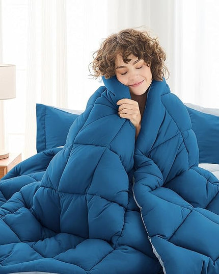 MUXHOMO 7 Pieces King Comforter Set, Reversible Bed in a Bag King Size, All Season Bedding Set with Comforter, Flat Sheet, Fitted Sheet, Pillowcases & Shams, Teal & Lake Blue