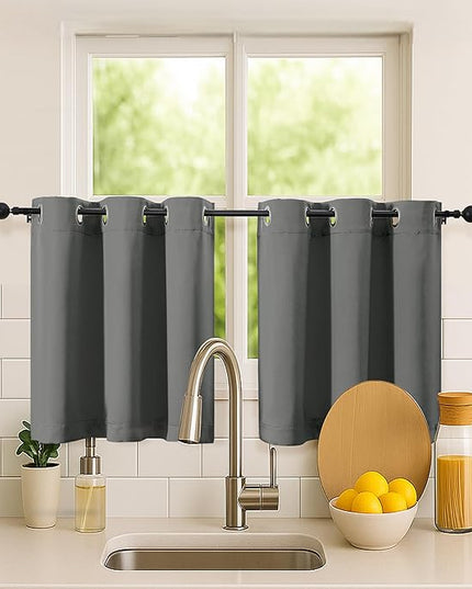 Simplebrand Light Grey Short Kitchen Curtains 24 Inch Length 2 Panels Set, Small Windows Room Darkening Curtain for Bathroom, Cabinet, Basement, RV Camper, Thermal Insulated Short Drapes, 40 x 24 Inch