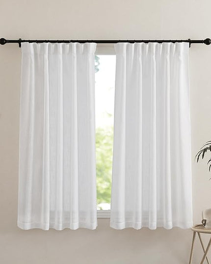 NICETOWN White Curtains Sheer - Semi Sheer Window Covering, Light & Airy Privacy Rod Pocket Back Tab Pinche Pleated Drapes for Bedroom Living Room Patio Glass Door, 52 x 63 inches Long, Set of 2