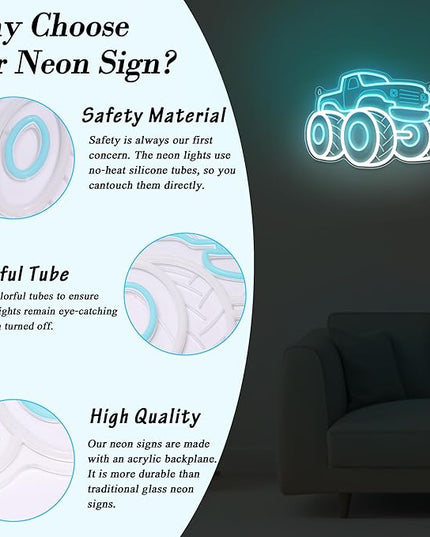 Truck Neon Signs for Wall Decor, Vehicle Neon Lights for Bedroom, Neon Wall Light Suitable for Living Office Game Room Christmas Gift for Truck Toys Lover - 5V USB Power with Hanging Chain Hooks