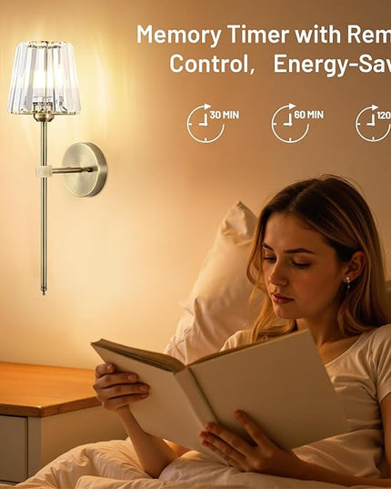 Crystal Battery Operated Wall Sconces Set of 2, Brass Rechargeable Wireless Wall Lights with Crystal Lampshade, 12 RGB and 3CCT Dimmable Wall Lamp with Remote for Bedroom Living Room Hallway