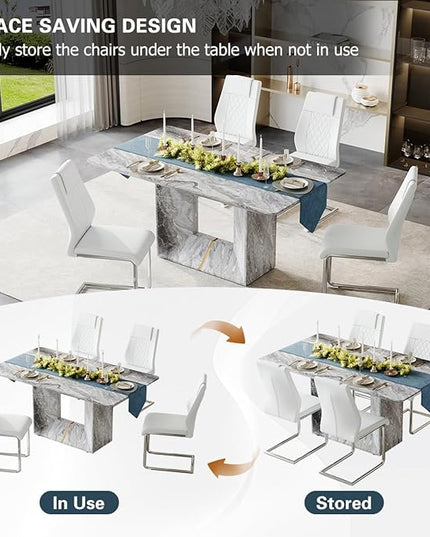 Dinner Table Set for 4, 5 Piece Dining Table Set with Chairs, 63" Faux Marble Modern Table with 4 PU Leather Upholstered Chairs, for Kitchen & Dining Room