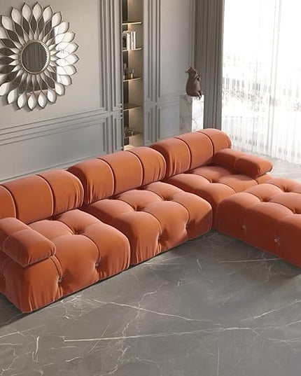 JACH 104" Sectional Couches for Living Room, L-Shaped Minimalist Velvet Sofas, Mid-Century Modular Sofa with Reversible Chaise Ottoman, Orange Sofas Furniture for Living Room, Apartment