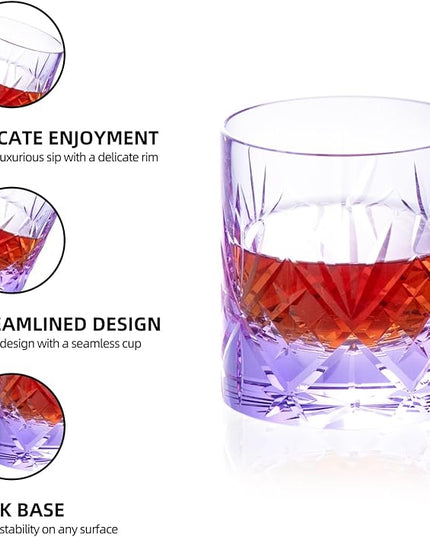 KAMMAK Crystal Whiskey Glasses Set, 8.12 oz (240 ml) Purple Old Fashioned Tumbler, Hand Blown Thick Base Colored Glass with Delicate Rim & Seamless Design for Scotch, Bourbon, Cocktails