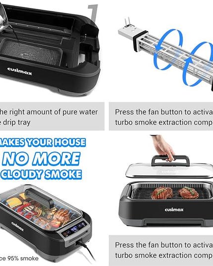 CUSIMAX Smokeless Indoor Grill, 1500W Electric Grill Korean BBQ Grill with LED Smart Display & Tempered Glass Lid, Non-stick Removable Grill Plate, Turbo Smoke Extractor, Black New Model