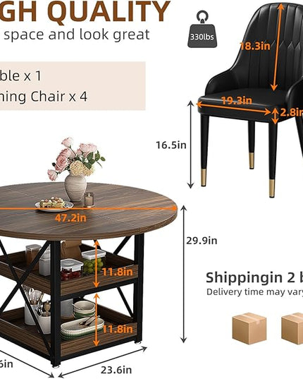 5-Piece Round Dining Table Set for 4 with Storage, Kitchen Table with 4 PU Leather Chairs, Space Saving for Breakfast Nook, Dinette, Dining Room (Boxwood Dining Table-4 Black Chairs)