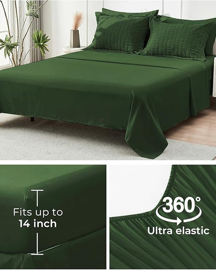 HYMOKEGE Dark Green King Size Comforter Set Seersucker 7 Pieces, All Season Luxury Bed in a Bag for Bedroom, Bedding Set with Comforters, Sheets, Pillowcases & Shams
