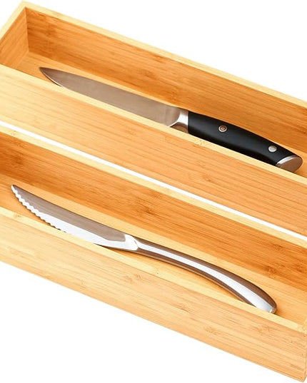 Umilife Bamboo Kitchen Drawer Organizer, Extra High Silverware Tray, Flatware Cutlery Storage Box, Multi-Use Holder in Office, Bathroom, Pantry - 12"x3"x2.5" (Set of 2)