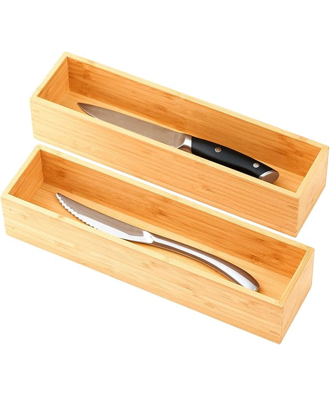 Umilife Bamboo Kitchen Drawer Organizer, Extra High Silverware Tray, Flatware Cutlery Storage Box, Multi-Use Holder in Office, Bathroom, Pantry - 12"x3"x2.5" (Set of 2)