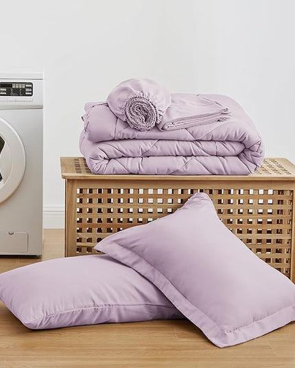 Love's cabin Twin Comforter Set Light Purple, 5 Pieces Twin Bed in a Bag, All Season Bedding Sets with 1 Comforter, 1 Flat Sheet, 1 Fitted Sheet, 1 Pillowcase and 1 Pillow Sham