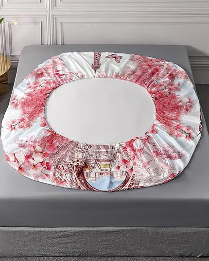 AILONEN Eiffel Tower Fitted Sheet Set for Kids,Girls,Pink Cherry Blossom Butterfly Theme Bedding Set Queen Size, Romantic Moments Bed Sheet Set,3-Piece 1 Sheet Set + 2 Pillowcases