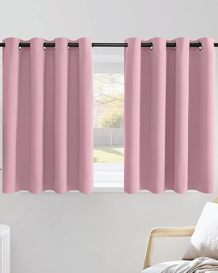 NICETOWN Crystal Pink Short Curtains for Girls Room, Grommet Kitchen Window Curtains Thermal Short Drapes Room Darkening for Cafe, 2 Panels, W52 x L36