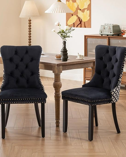 SoarFlash Velvet Dining Chairs Set of 2, Tall Back Side Chair, Modern Upholstered Side Chair with Button Back Ring, Solid Wood Legs (Black&Plaid)