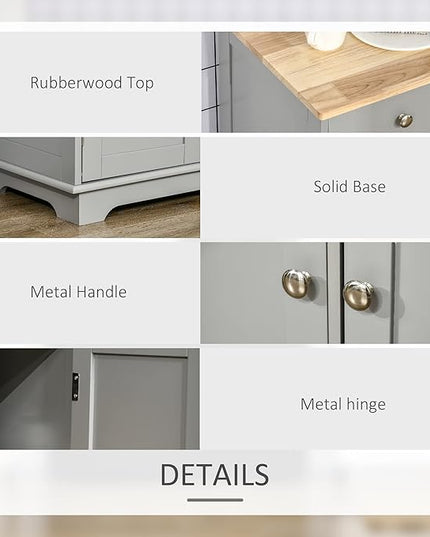 HOMCOM Sideboard with Solid Wood Countertop, Modern Kitchen Storage Cabinet, Coffee Bar Cabinet with 3 Drawers, Doors and Adjustable Shelf, Gray