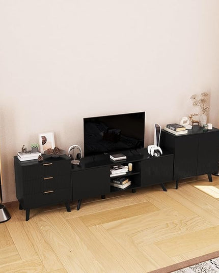 Modern Sideboard Buffet Cabinet Console Table, Accent Storage Cabinet with Fluted Doors for Kitchen Dining Living Room Entryway (Black)