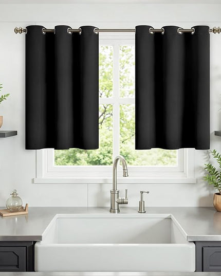 YoungsTex Black Blackout Kitchen Curtains 36 Inch Long - Short Drapes Thermal Insulated with Grommet Room Darkening Privacy for Cafe Bathroom Windows, 2 Panels