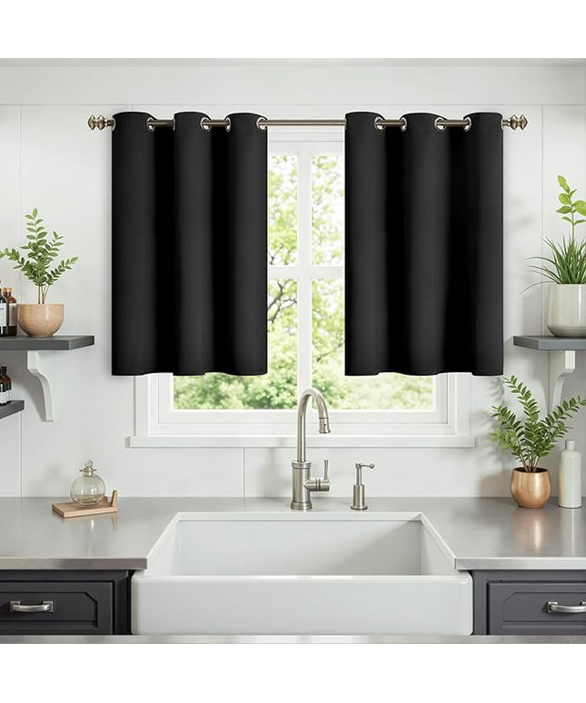 YoungsTex Black Blackout Kitchen Curtains 36 Inch Long - Short Drapes Thermal Insulated with Grommet Room Darkening Privacy for Cafe Bathroom Windows, 2 Panels