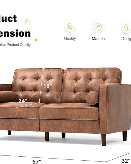 67" Suede Leather 2-seat Sofa with Two Bolster Pillows, Tufted Loveseat with Wooden Legs, Morden Sofa Suitable for Living Room, Office, Brown