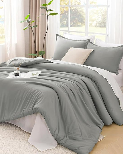 Litanika Comforters Medium Gray Oversized King Size, 3 Pieces Lightweight Solid Bedding Set & Collections, All Season Fluffy Bed Set (120x98In Comforter & 2 Pillowcases)