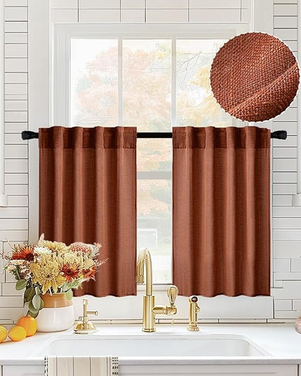 MIULEE Burnt Orange Kitchen Curtains 30 Inch Length 2 Panels, Soft Thick Linen Textured Semi Sheer Light Filtering Short Cafe Tier Curtains for Small Half Window Back Tab Rod Pocket Fall Boho Decor