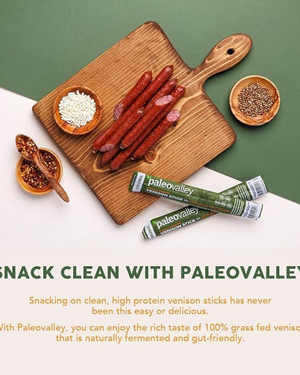 Paleovalley 100% Grass Fed Venison Sticks – 10 Pack – Keto-Friendly, High Protein, Low-Calorie Snack – Omega-3 Rich, Gluten-Free, Nitrate-Free, Naturally Flavored – Healthy On-the-Go Meat Snack