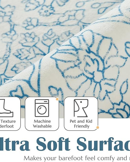 jinchan Hallway Runner Rug 2x8 Washable Kitchen Flora Faux Wool Non-Slip with Rubber Backing Soft Thin Vintage Carpet Runner for Bedroom Bathroom Laundry Room Living Room (2x8ft,Blue)