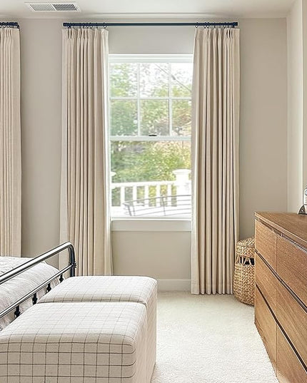 100% Blackout Shield Linen Look Textured Pinch Pleated Curtains Blackout Drapes 84 Inch Long 2 Panels Set, Faux Linen Blackout Curtains for Bedroom & Living Room, 40" W x 84" L, Cream