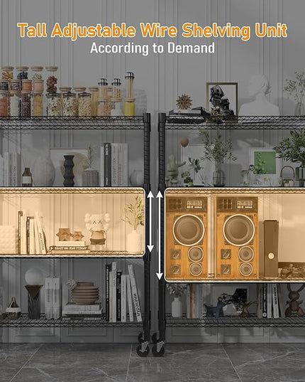 Himimi 72" H Storage Shelves 4 Tier Metal Shelving Adjustable Wire Shelf with Wheels, Heavy Duty Shelving for Garage Kitchen Pantry Bathroom Laundry 18" D*48" W*72" H, Black