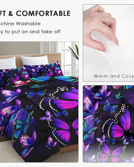 Full Size Comforter Set with 2 Pillowcases, Summer Tropical Purple Butterfly 3 Pcs Bedding for Kids and Adults, Vintage Spring Galaxy Space Soft Comforter Set for Bedroom Bed Decor